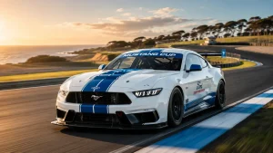 Ford Mustang Dark Horse R race car on track in Mustang Cup Australia